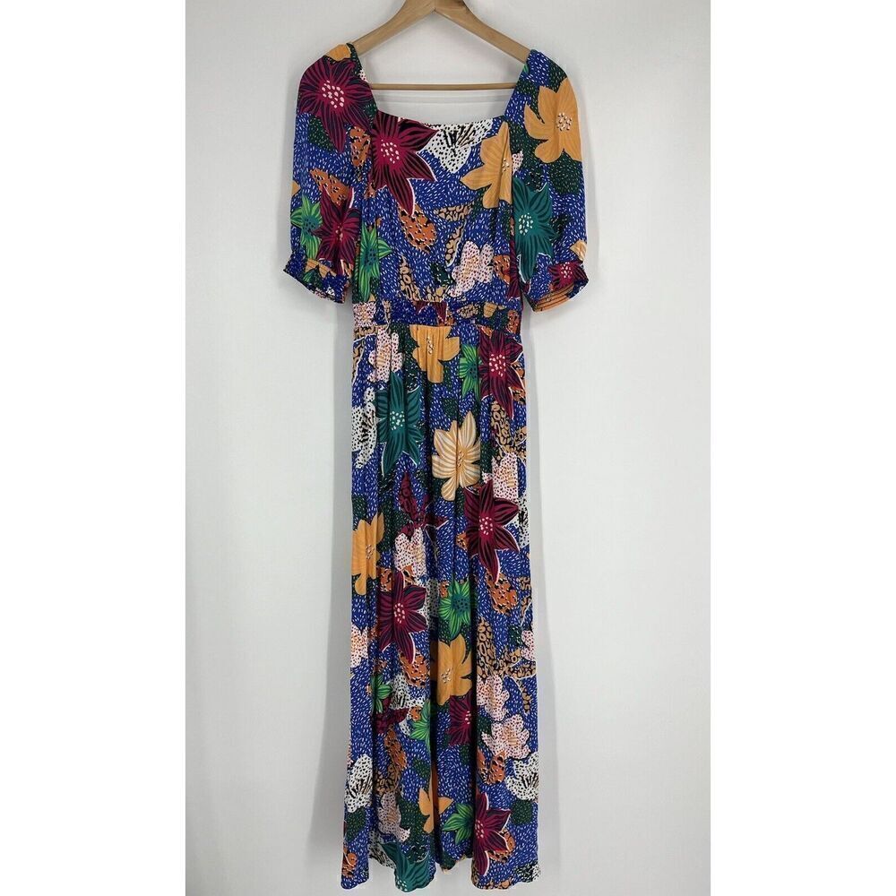 Soft Surroundings Dress Size XS Blue Floral Print Hawaiian Simona Maxi Smocked